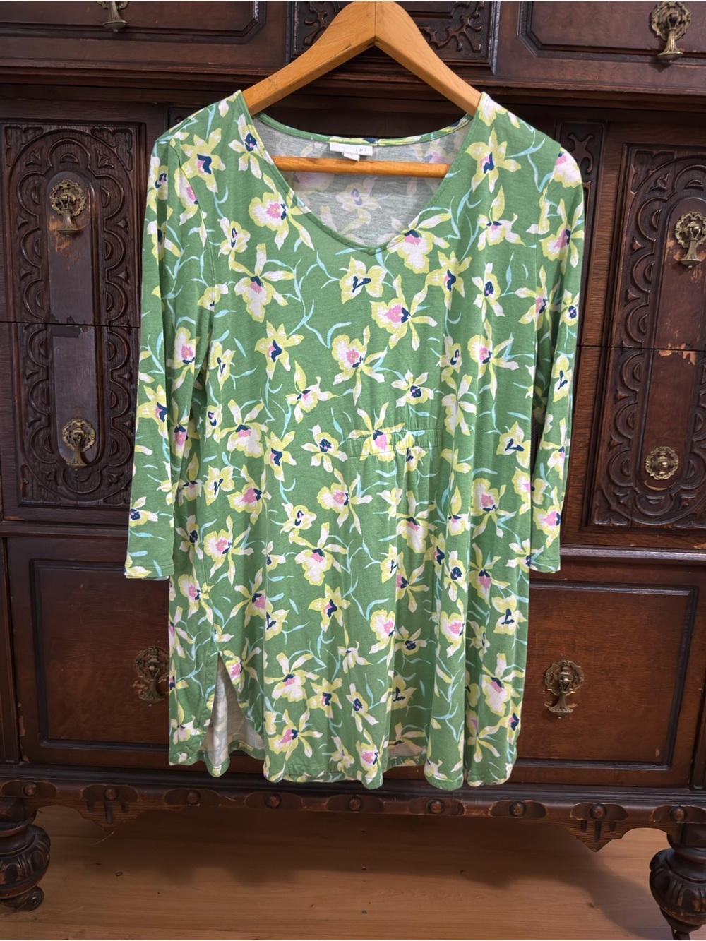 J. Jill Green Floral Tunic with Pink & Blue Accents